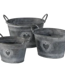 3 ovale zinkpotter med håndtag og hjerte - SÆT