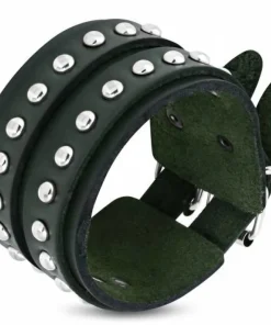 Bredt læderarmbånd med nitter - rød+petroleum+oliven