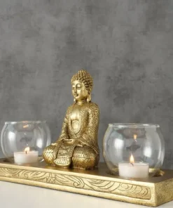 Buddha Lysholder i guld antik til 2 fyrfadslys