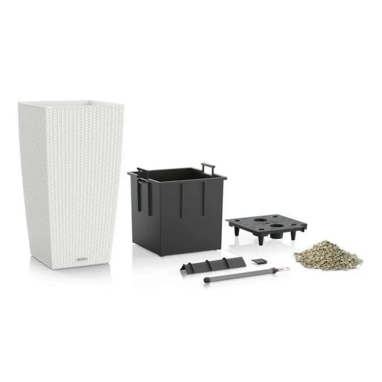56cm + 75cm hvide krukker i polyrattan med selvvanding / OUTLET - 5stk