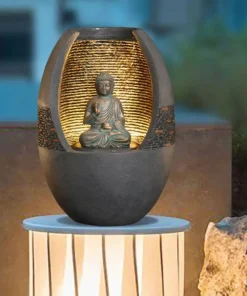 49cm Vandspil med lille Buddha siddende i kuppel med LED lys