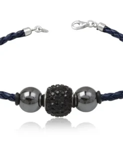 Flettet læderarmbånd / Sort krystal