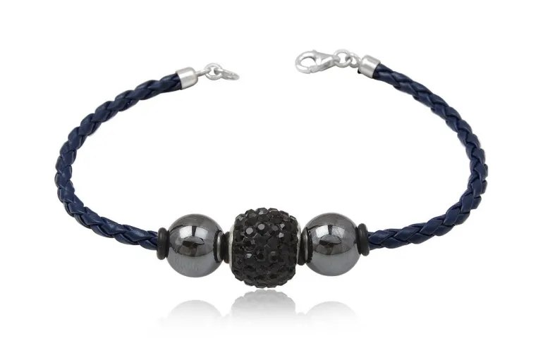 Flettet læderarmbånd / Sort krystal