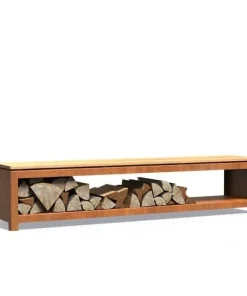 Havebænk i corten stål med brændeskjul og Hardwood sæde - 120cm + 200cm