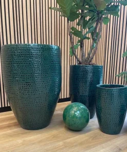 Indendørs krukker i ocean green metal med hammered finish / 3str.