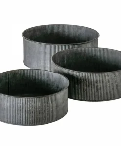 Lave runde metal plantepotter i zink look med ribber - Sæt