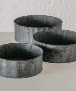Lave runde metal plantepotter i zink look med ribber - Sæt