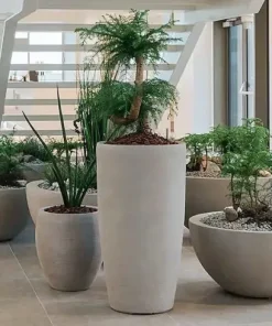 Rund lav fiber krukke / Plante bowle / sort + sandgrå