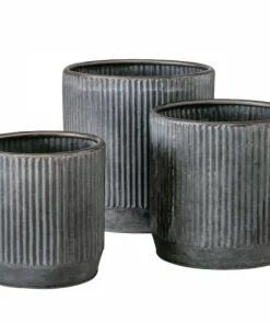 Runde plantepotter i metal med zink look og ribber - Sæt