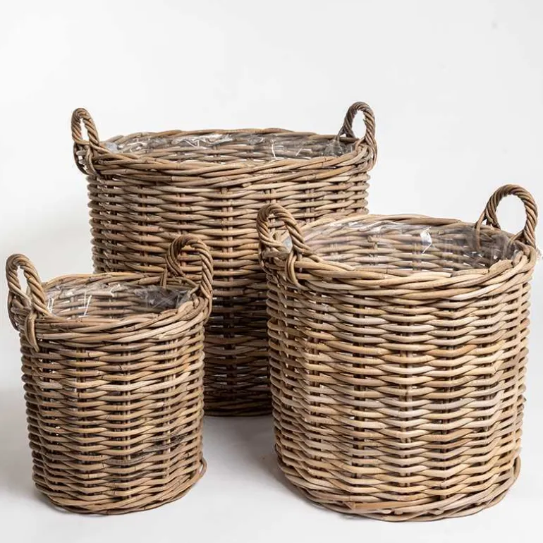Store runde pilekrukker / rattankrukker med håndtag / Sæt 2stk eller 3stk