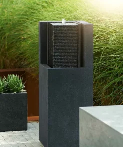 Vandskulptur i granitlook med lys - sort eller grå - 88cm