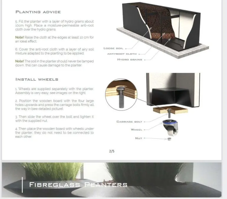 80x80cm plantekrukker i glasfiber med hjul - 3 str.